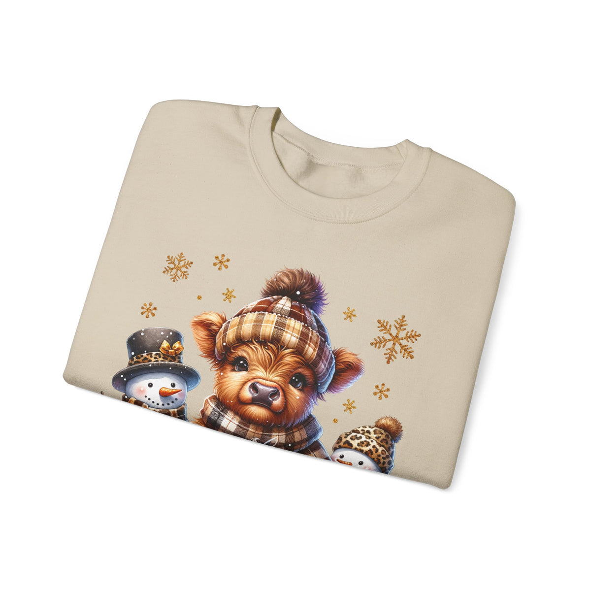 Cute Highland Cow with Snowmen, Winter – Gildan Heavy Blend | Trendy Women’s Soft Sweatshirt. Direct to Garment. Printed & Shipped in the USA. Unisex Sizes.