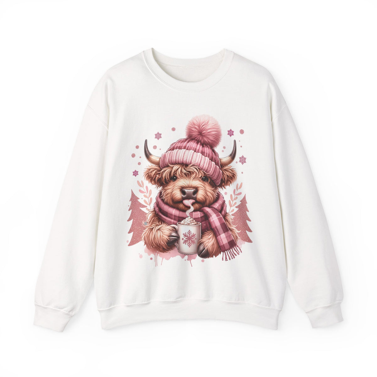 Cozy Highland Cow, Winter Coffee Mug & Scarf Pink – Gildan Heavy Blend | Trendy Women’s Soft Sweatshirt. Direct to Garment. Printed & Shipped in the USA. Unisex Sizes.