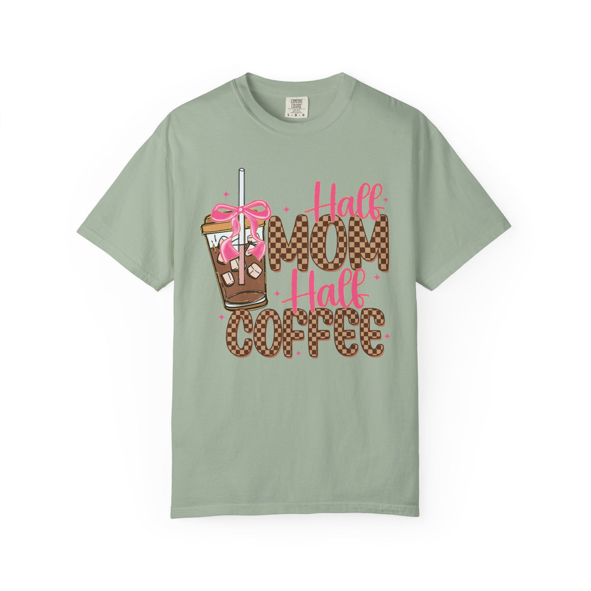 Half Mom Half Coffee. Cute Leopard Print Coffee Design - Comfort Colors | Trendy Women's T-Shirt. Direct to Garment. Printed & Shipped in the USA. Unisex Sizes.
