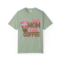 Half Mom Half Coffee. Cute Leopard Print Coffee Design - Comfort Colors | Trendy Women's T-Shirt. Direct to Garment. Printed & Shipped in the USA. Unisex Sizes.