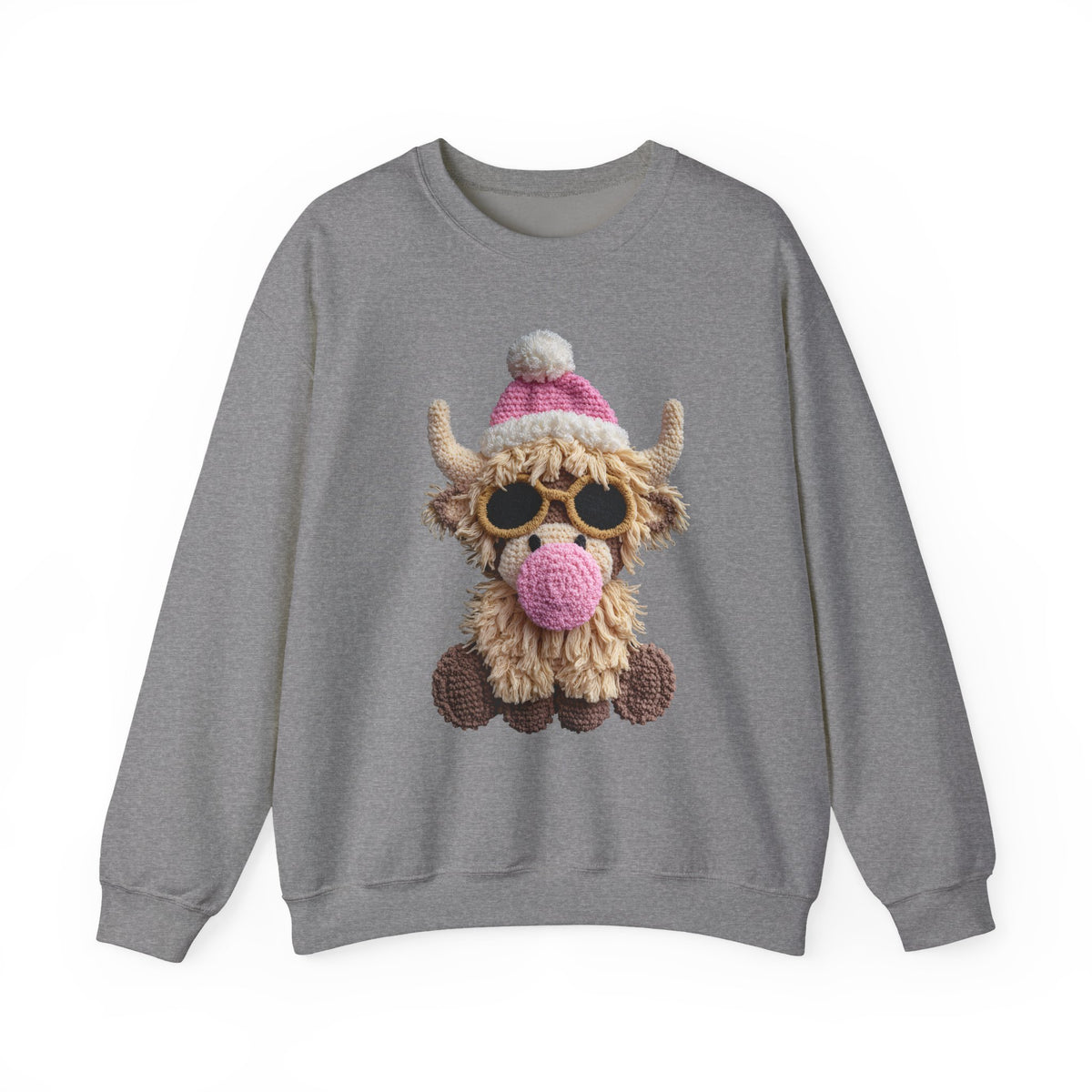 Faux Crochet Highland Cow Bubblegum – Gildan Heavy Blend | Trendy Women’s Soft Sweatshirt. Direct to Garment. Printed & Shipped in the USA. Unisex Sizes.