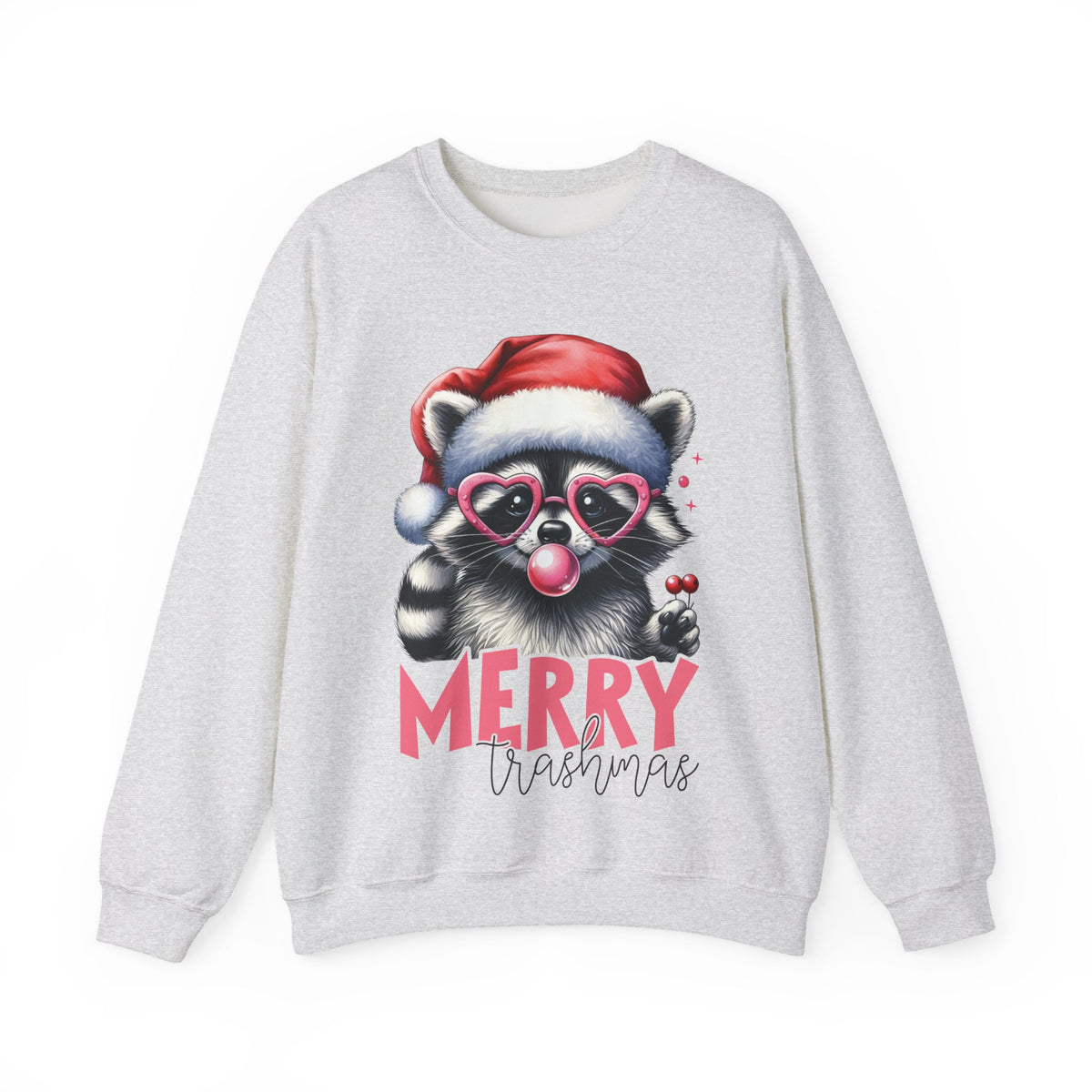 Merry Trashmas Bubblegum Raccoon w/Santa Hat Christmas – Gildan Heavy Blend | Trendy Women’s Soft Sweatshirt. Direct to Garment. Printed & Shipped in the USA. Unisex Sizes.