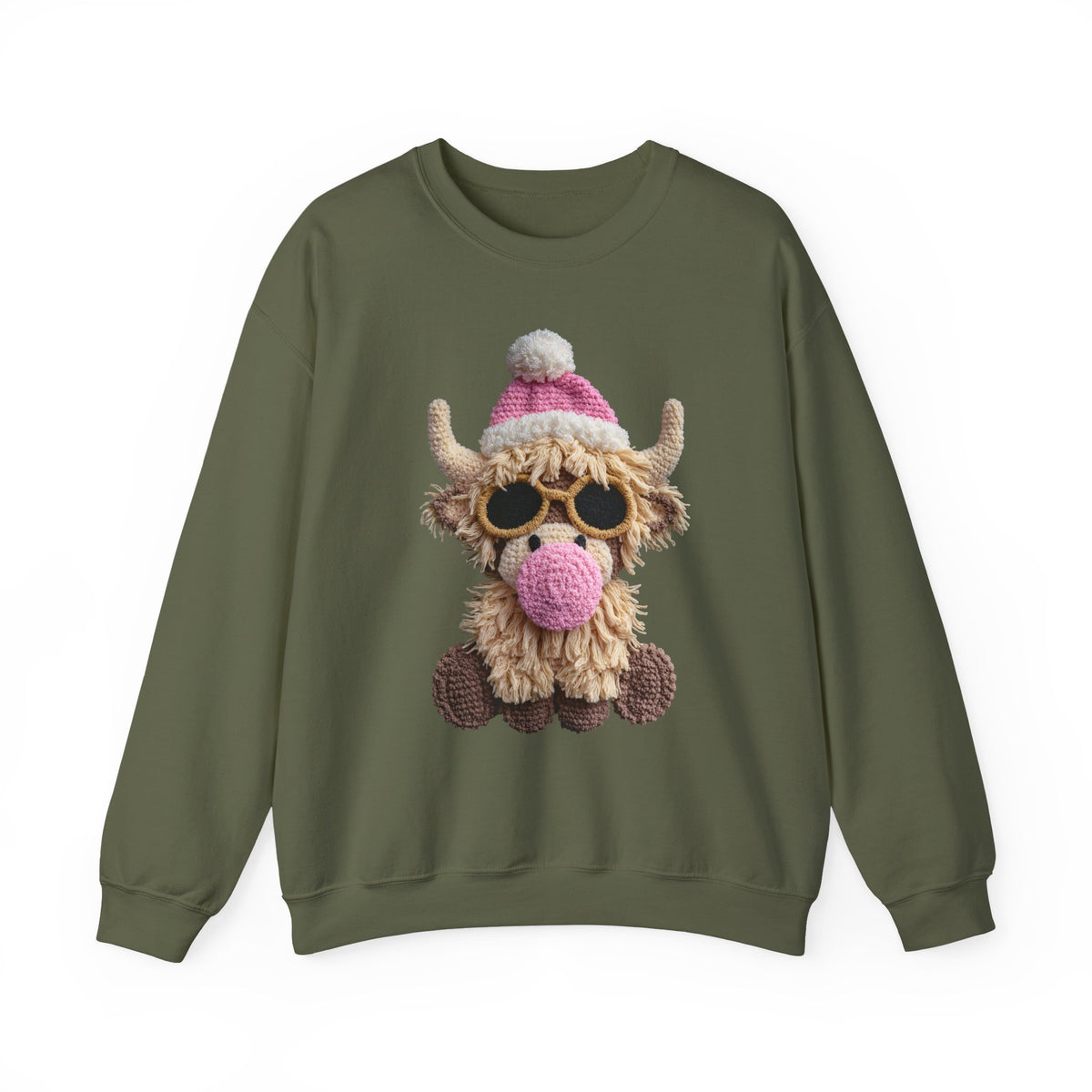 Faux Crochet Highland Cow Bubblegum – Gildan Heavy Blend | Trendy Women’s Soft Sweatshirt. Direct to Garment. Printed & Shipped in the USA. Unisex Sizes.