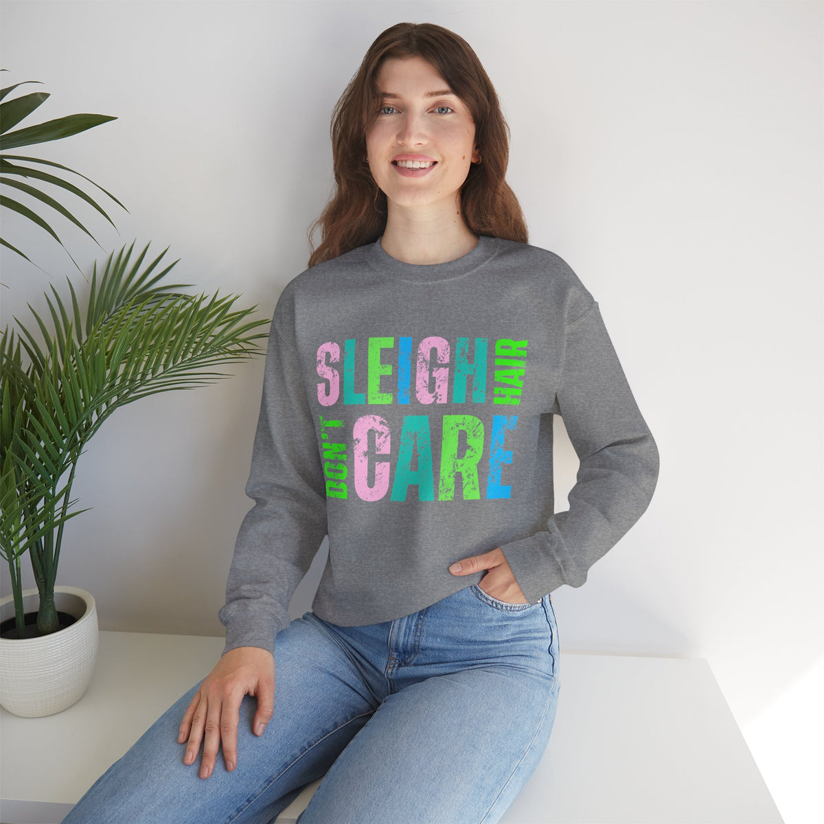 Sleigh Hair Don’t Care, Funny Christmas Graphic Tee – Gildan Heavy Blend | Trendy Women’s Soft Sweatshirt. Direct to Garment. Printed & Shipped in the USA. Unisex Sizes.