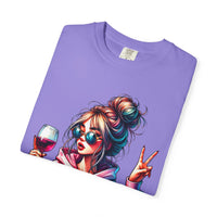 Dramatic Girl With Wine Messy Bun Peace Sign  - Comfort Colors | Trendy Women's T-Shirt. Direct to Garment. Printed & Shipped in the USA. Unisex Sizes.