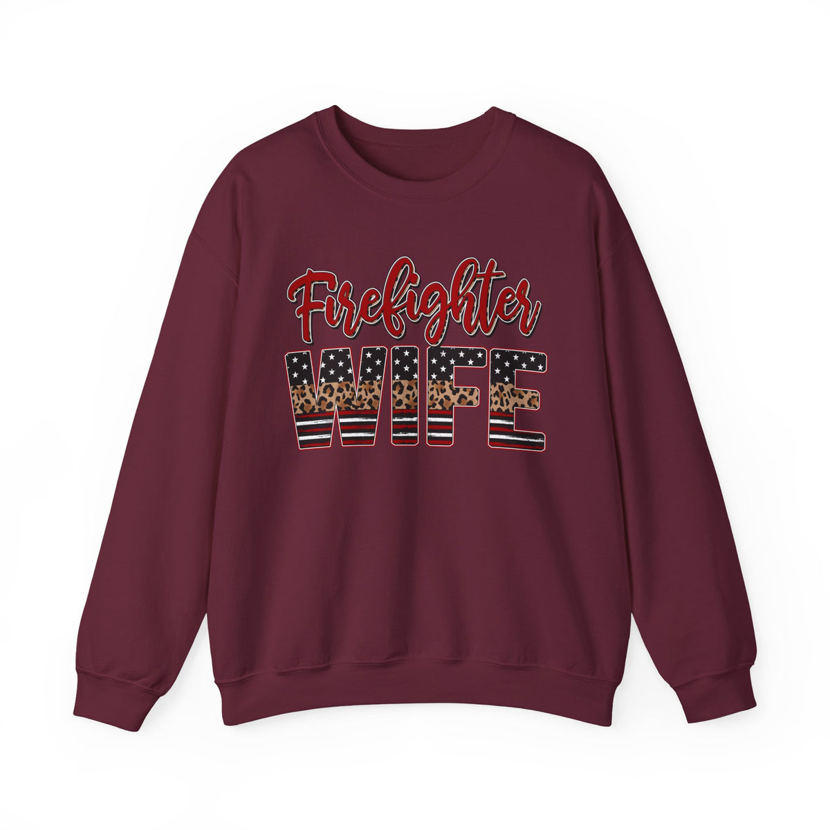 Firefighter Wife Patriotic Flag Lettering for Firefighter Spouse – Gildan Heavy Blend | Trendy Women’s Soft Sweatshirt. Direct to Garment. Printed & Shipped in the USA. Unisex Sizes.