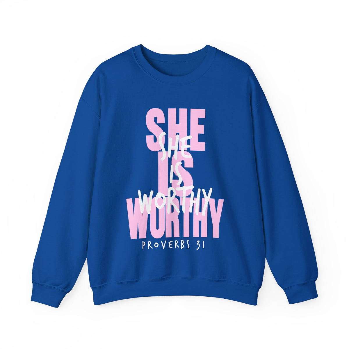 She Is Worthy – Gildan Heavy Blend | Trendy Women’s Soft Sweatshirt. Direct to Garment. Printed & Shipped in the USA. Unisex Sizes.