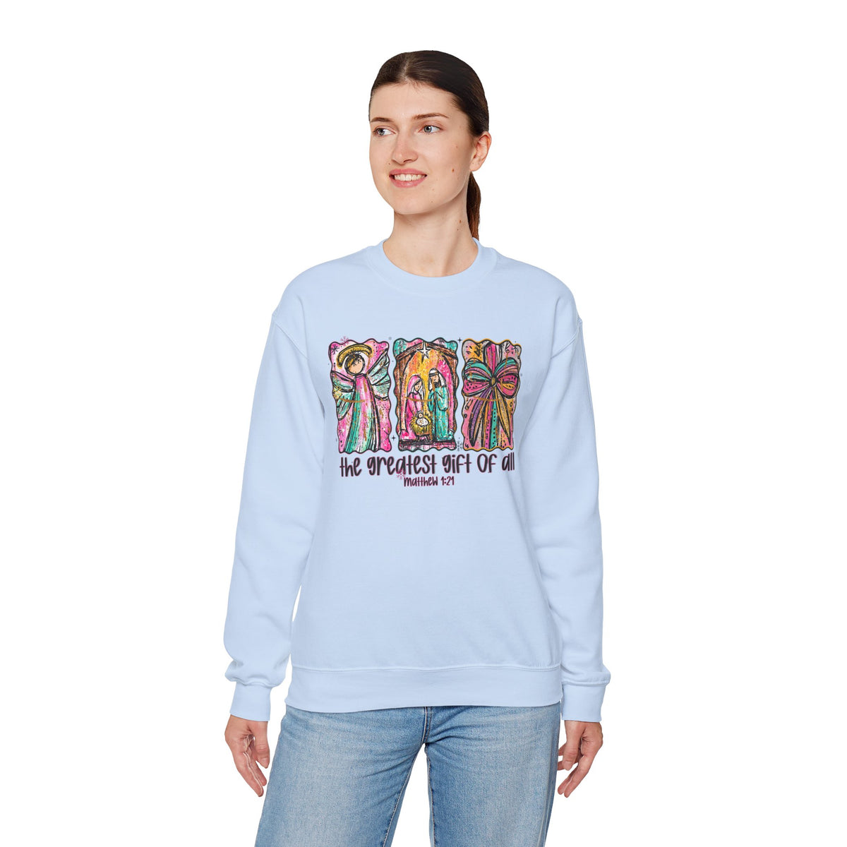 The Greatest Gift of All, Christian Tee - Preppy Watercolor – Gildan Heavy Blend | Trendy Women’s Soft Sweatshirt. Direct to Garment. Printed & Shipped in the USA. Unisex Sizes.