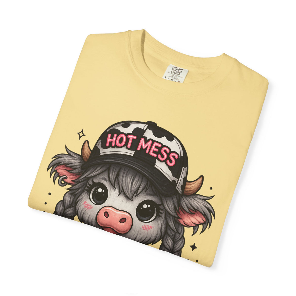 Cute Highland Cow 'Hot Mess' In Braids  - Comfort Colors | Trendy Women's T-Shirt. Direct to Garment. Printed & Shipped in the USA. Unisex Sizes.