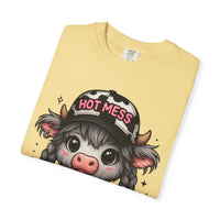 Cute Highland Cow 'Hot Mess' In Braids  - Comfort Colors | Trendy Women's T-Shirt. Direct to Garment. Printed & Shipped in the USA. Unisex Sizes.