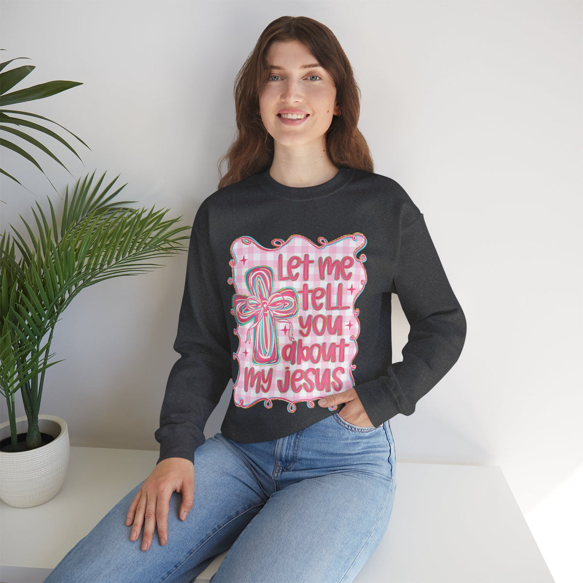 Let Me Tell You About My Jesus, Pink and Green – Gildan Heavy Blend | Trendy Women’s Soft Sweatshirt. Direct to Garment. Printed & Shipped in the USA. Unisex Sizes.