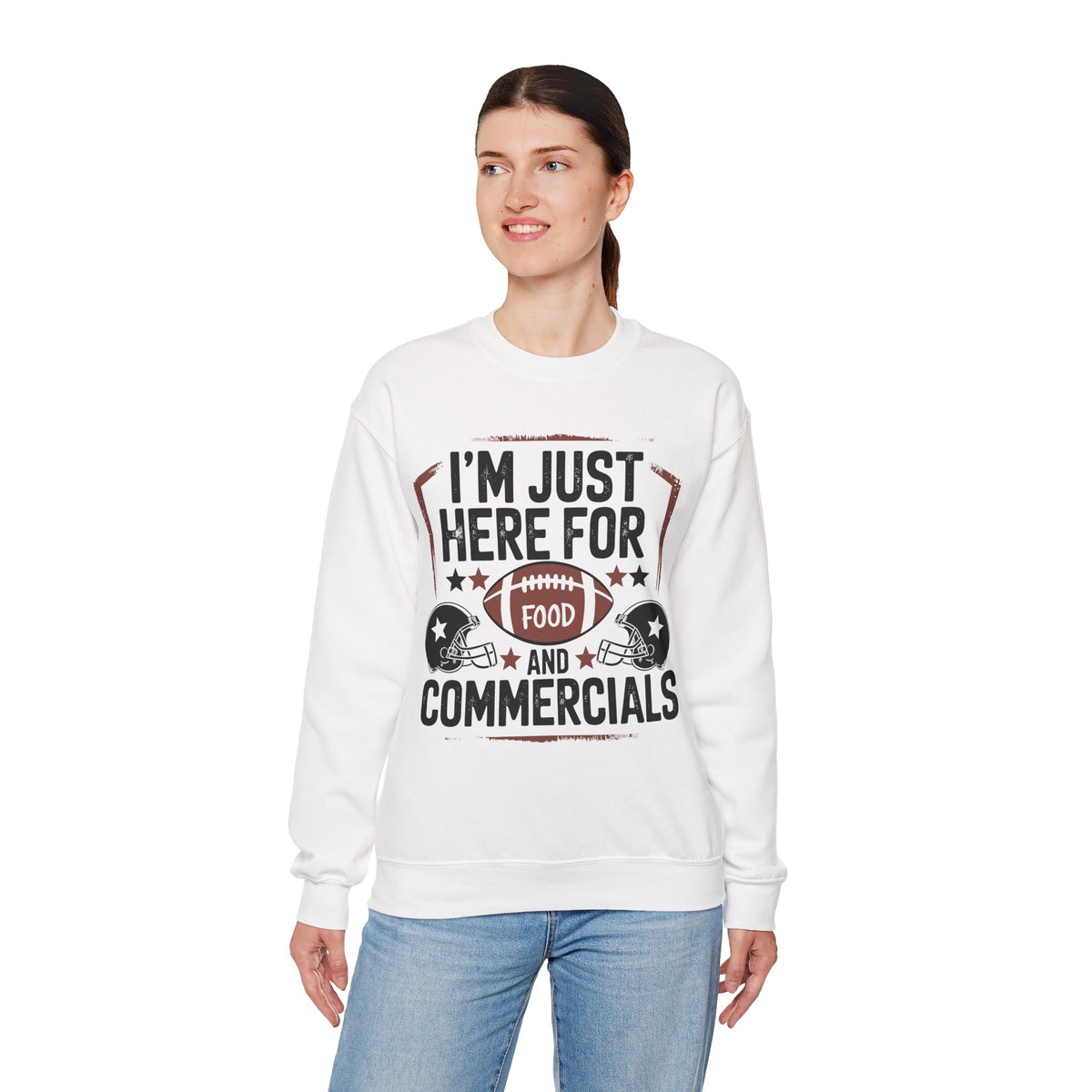 I'm Just Here for Food and Commercials – Gildan Heavy Blend | Trendy Women’s and Men's Soft Sweatshirt. Direct to Garment. Printed & Shipped in the USA. Unisex Sizes.
