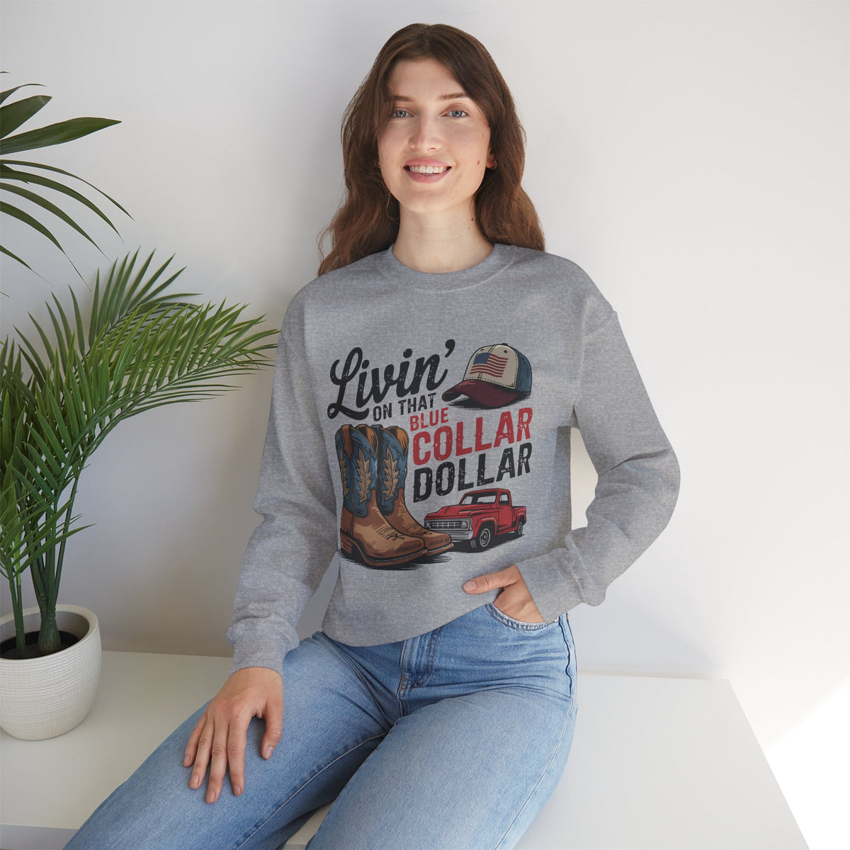 Livin' on That Blue Collar Dollar, Boots and Work Truck – Gildan Heavy Blend | Trendy Men's and Women’s Soft Sweatshirt. Direct to Garment. Printed & Shipped in the USA. Unisex Sizes.