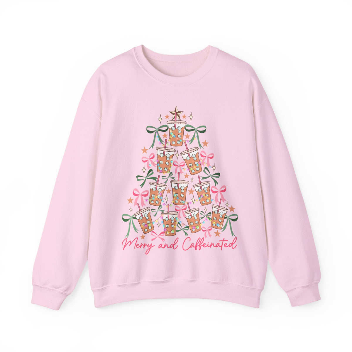 Merry and Caffeinated Iced Coffee Christmas Tree – Gildan Heavy Blend | Trendy Women’s Soft Sweatshirt. Direct to Garment. Printed & Shipped in the USA. Unisex Sizes.