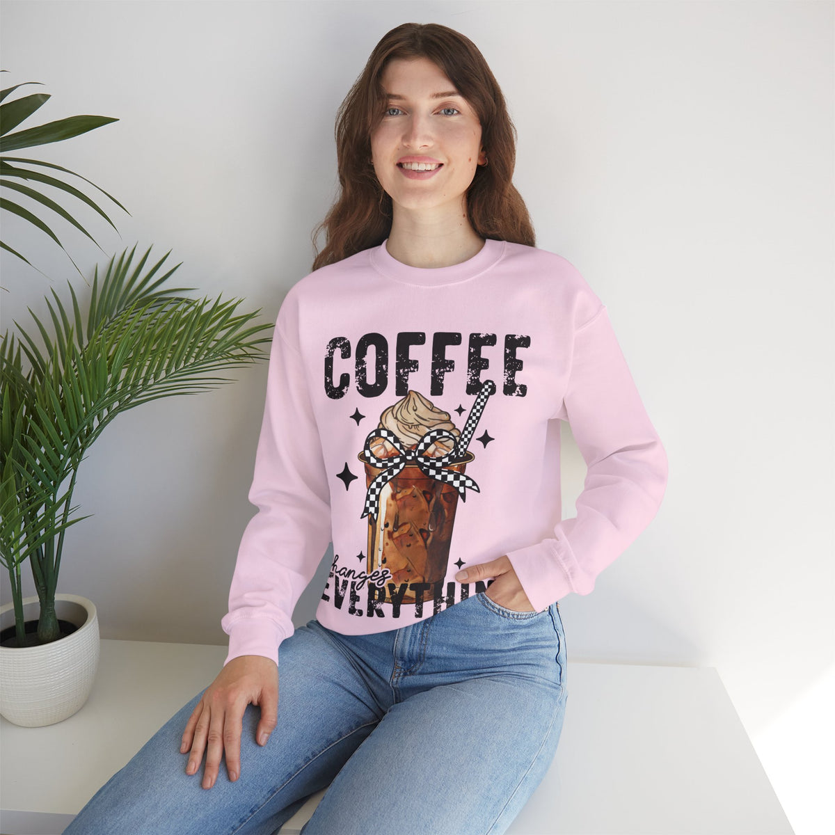 Coffee Changes Everything, Iced Coffee, Coffee Lovers – Gildan Heavy Blend | Trendy Women’s Soft Sweatshirt. Direct to Garment. Printed & Shipped in the USA. Unisex Sizes.