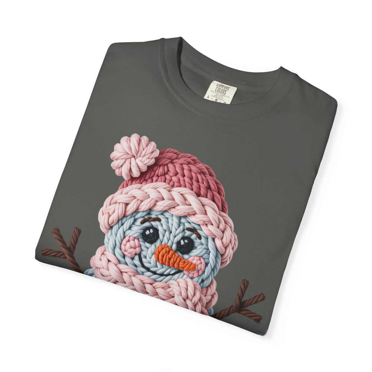 Cute Yarn Snowman - Pink Scarf - Comfort Colors | Trendy Women's T-Shirt. Direct to Garment. Printed & Shipped in the USA. Unisex Sizes.