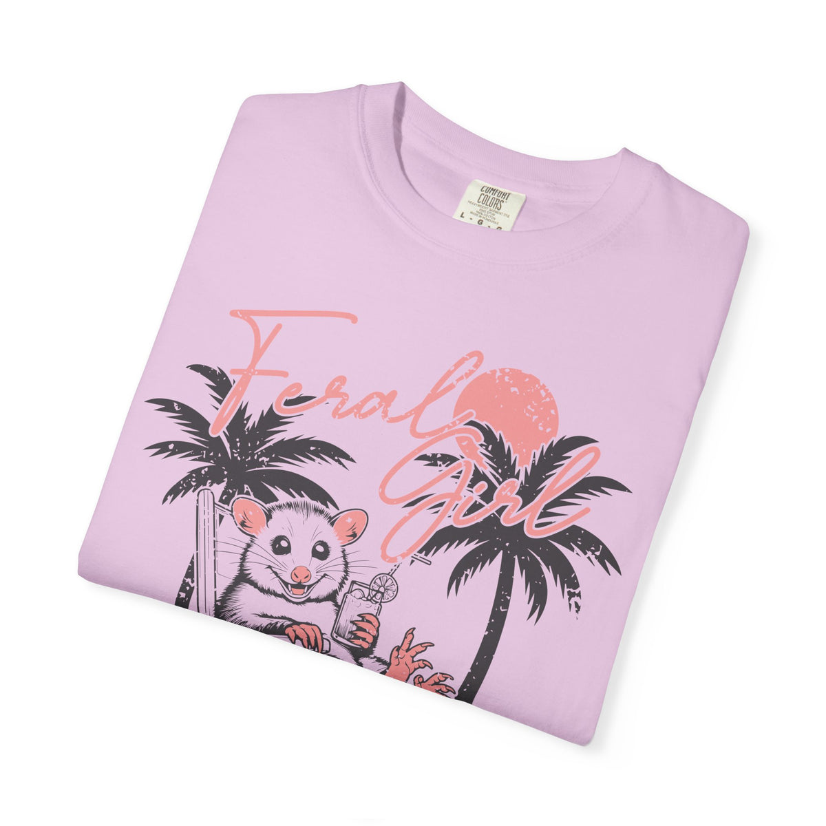 Feral Girl Summer, Possum on a Beach - Comfort Colors | Trendy Women's T-Shirt. Direct to Garment. Printed & Shipped in the USA. Unisex Sizes.