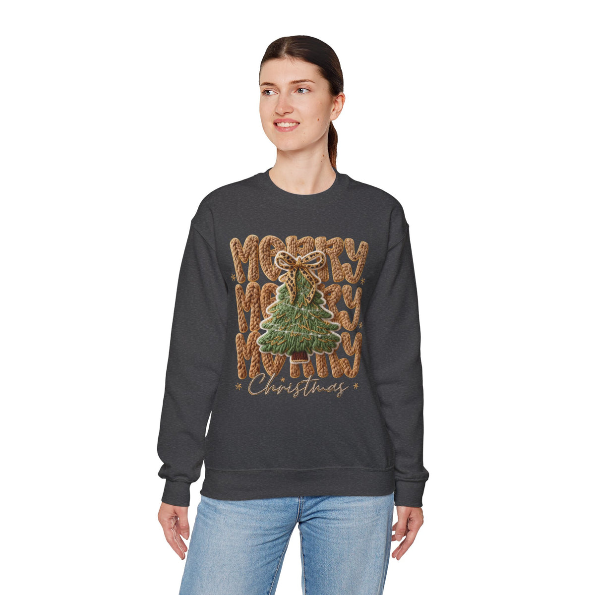Merry Merry Merry Christmas, Faux Latch Hook Yarn – Gildan Heavy Blend | Trendy Women’s Soft Sweatshirt. Direct to Garment. Printed & Shipped in the USA. Unisex Sizes.