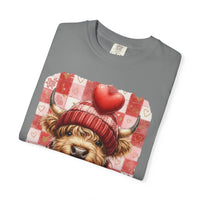 Highland Cow Be Mine, Red Checkered - Comfort Colors | Trendy Women's T-Shirt. Direct to Garment. Printed & Shipped in the USA. Unisex Sizes.