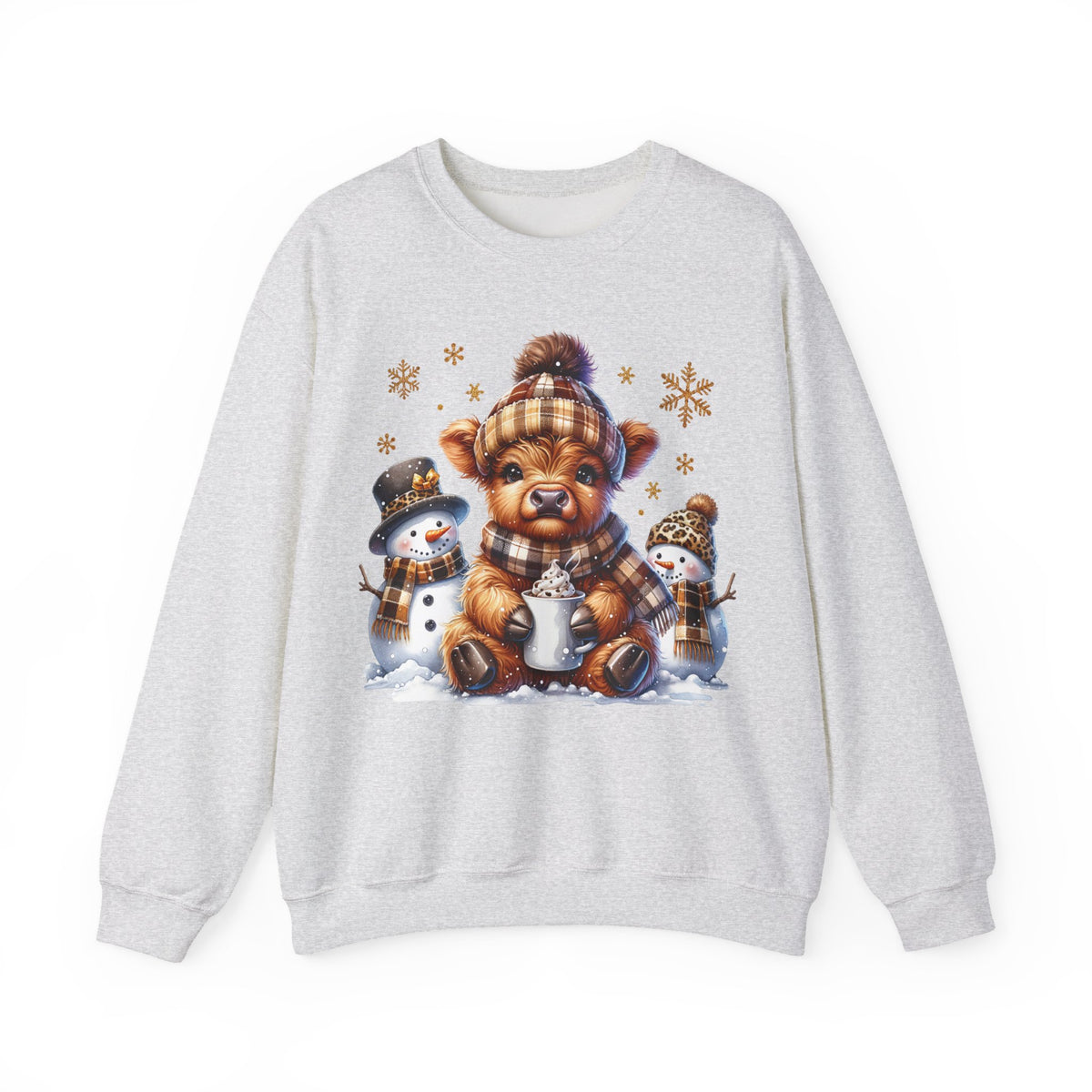 Cute Highland Cow with Snowmen, Winter – Gildan Heavy Blend | Trendy Women’s Soft Sweatshirt. Direct to Garment. Printed & Shipped in the USA. Unisex Sizes.