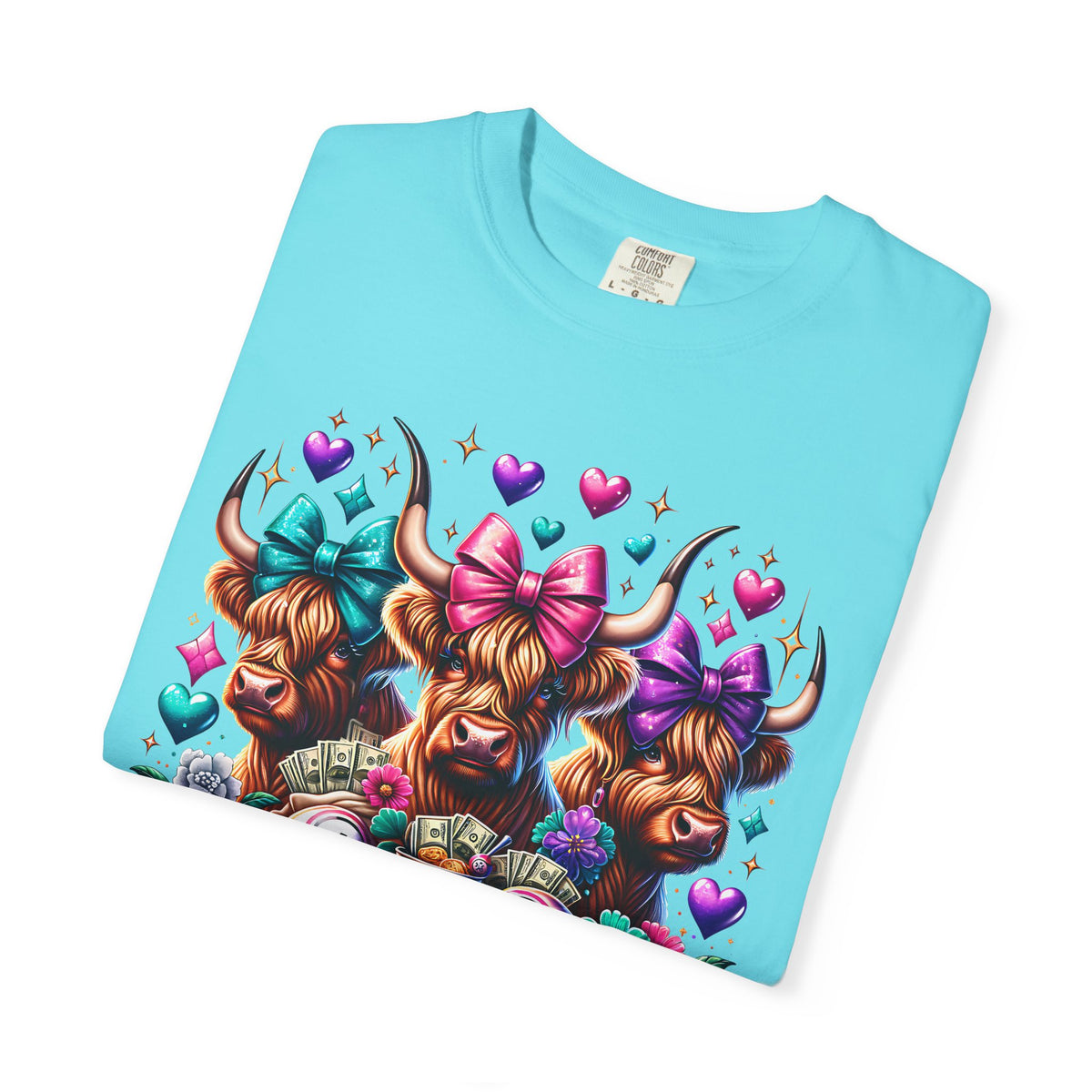 Cute Highland Cows Bingo Squad - Comfort Colors | Trendy Women's T-Shirt. Direct to Garment. Printed & Shipped in the USA. Unisex Sizes.