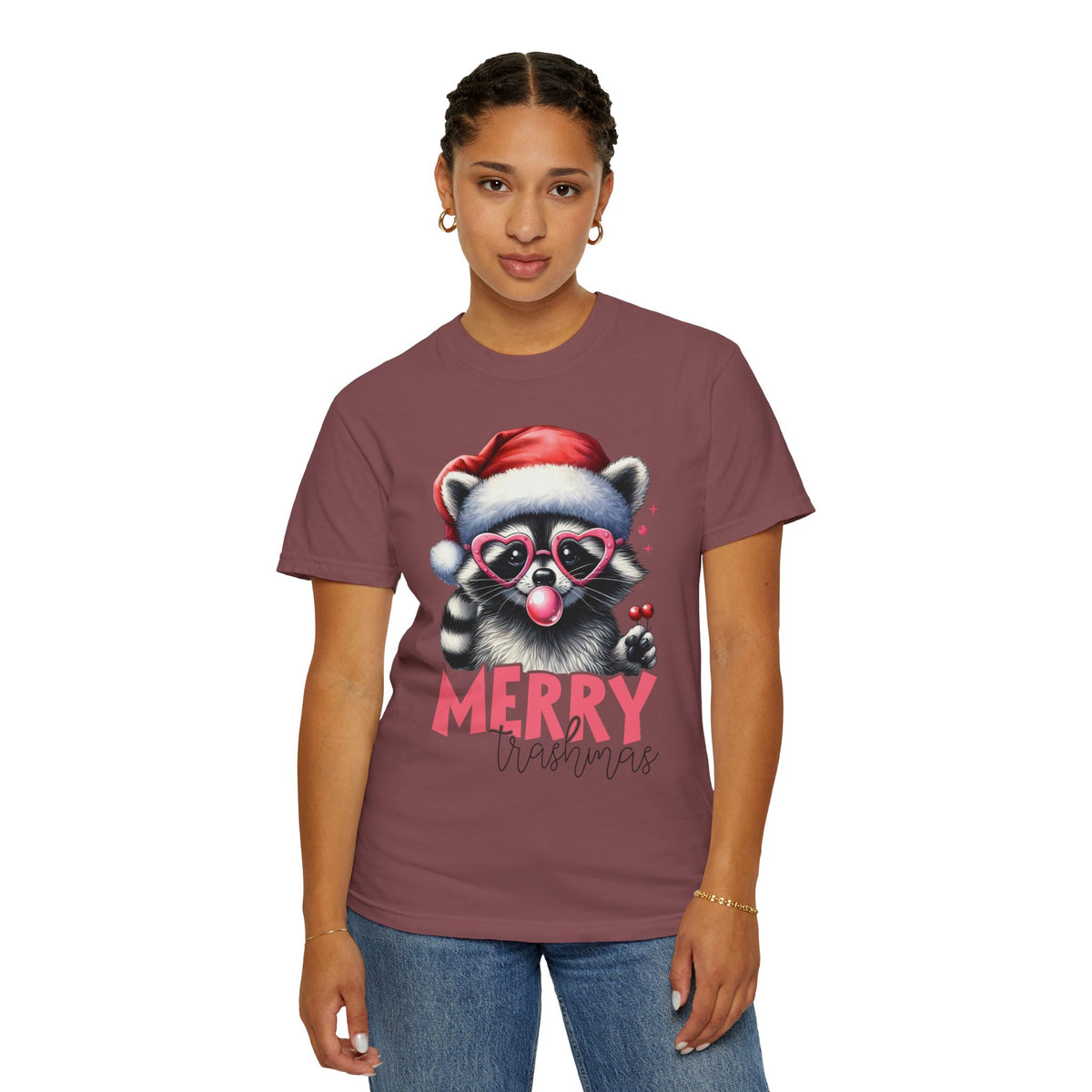 Merry Trashmas Bubblegum Raccoon w/Santa Hat Christmas - Comfort Colors | Trendy Women's T-Shirt. Direct to Garment. Printed & Shipped in the USA. Unisex Sizes.