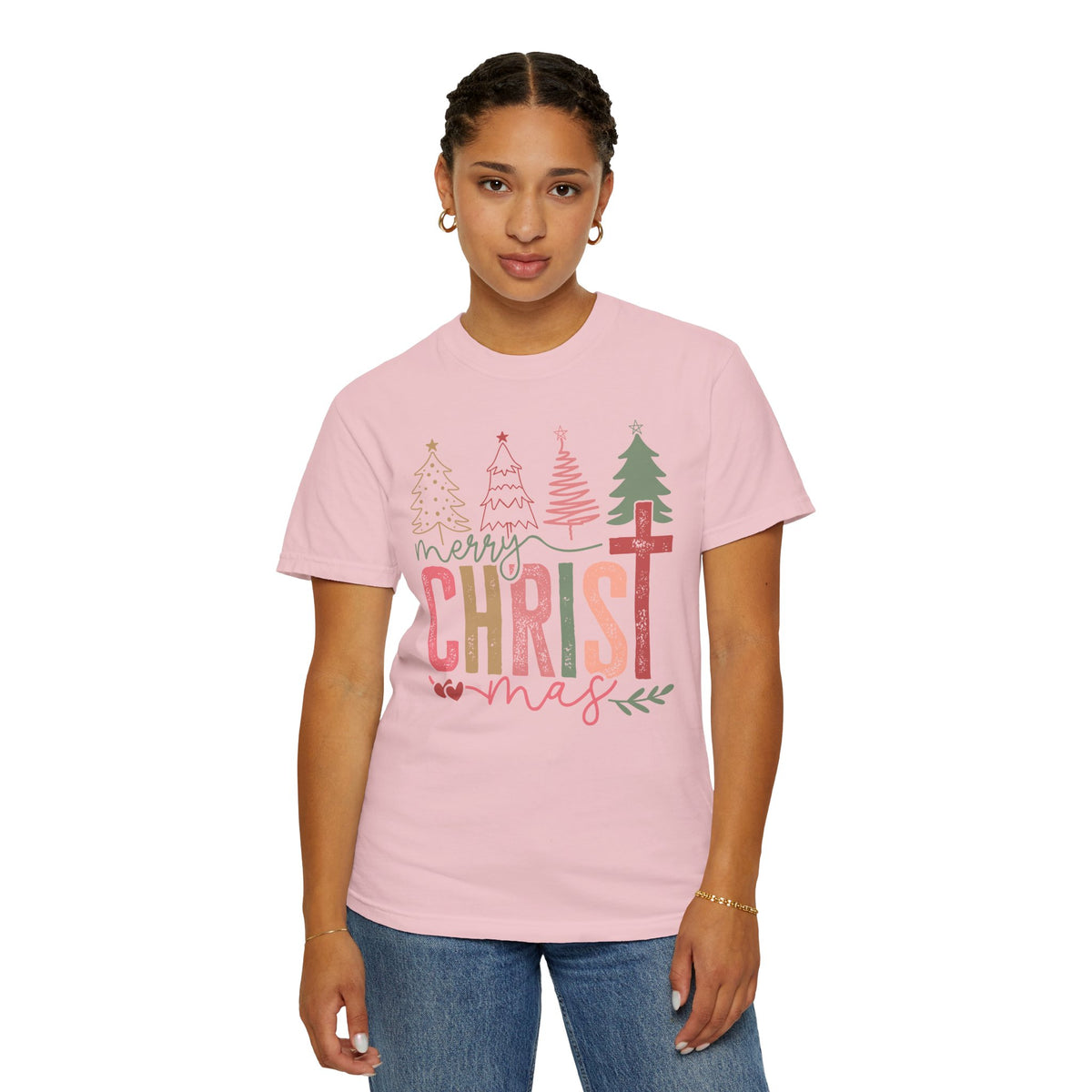 Merry ChrisTmas Christian Faith Graphic - Comfort Colors | Trendy Women's T-Shirt. Direct to Garment. Printed & Shipped in the USA. Unisex Sizes.