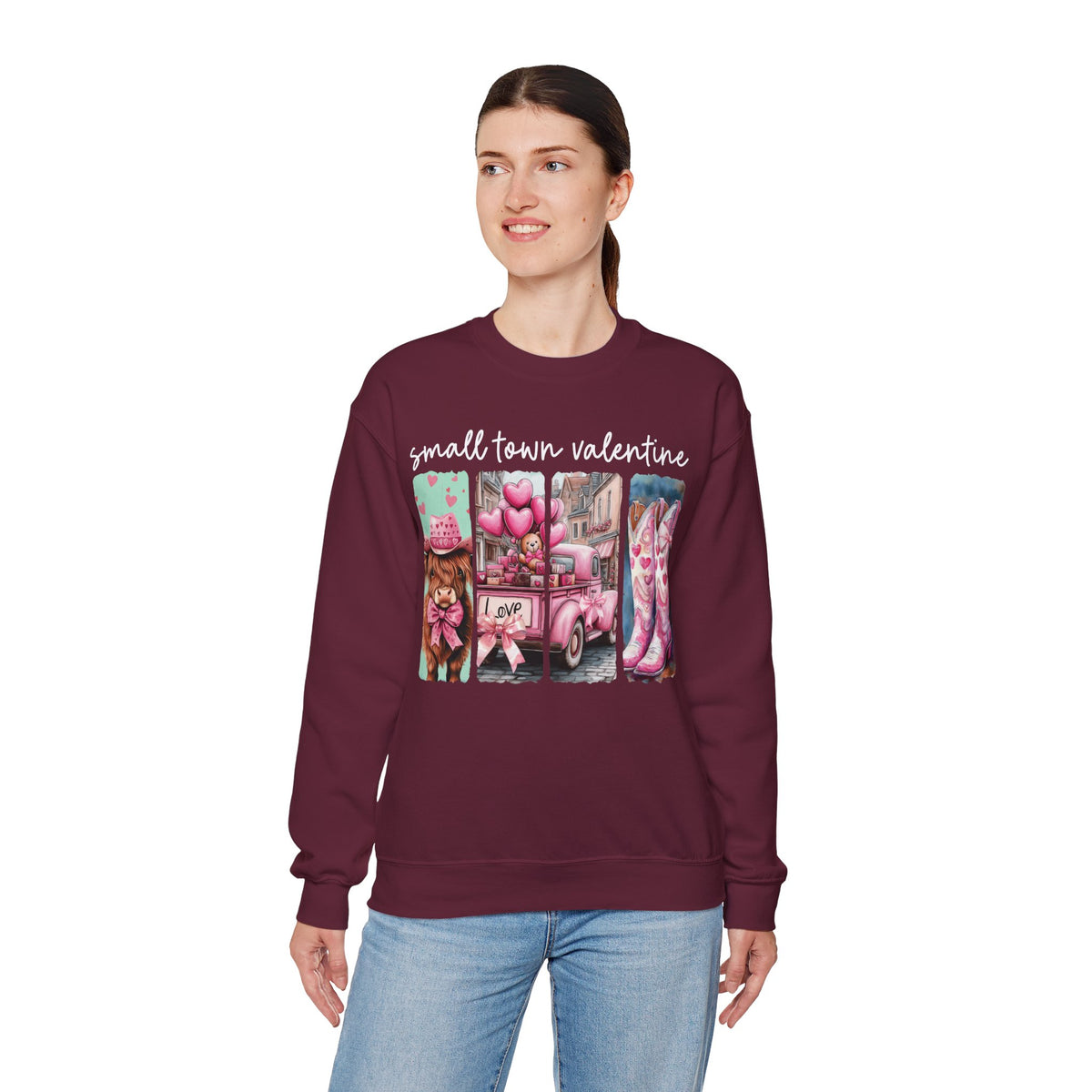 Small Town Valentine – Gildan Heavy Blend | Trendy Women’s Soft Sweatshirt. Direct to Garment. Printed & Shipped in the USA. Unisex Sizes.