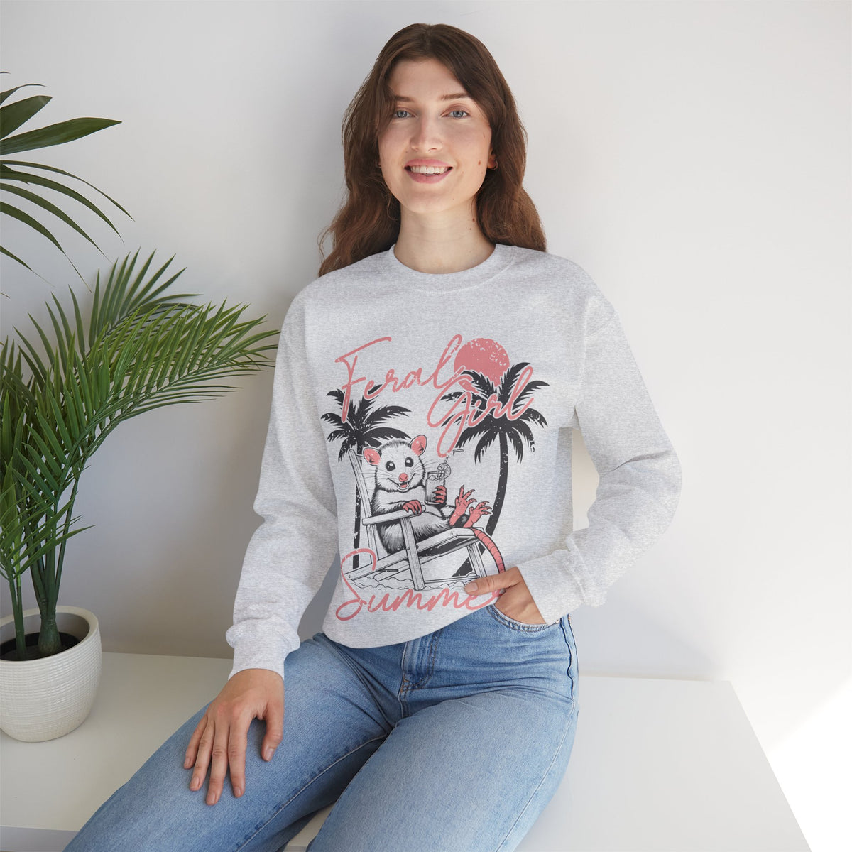 Feral Girl Summer, Possum on a Beach – Gildan Heavy Blend | Trendy Women’s Soft Sweatshirt. Direct to Garment. Printed & Shipped in the USA. Unisex Sizes.