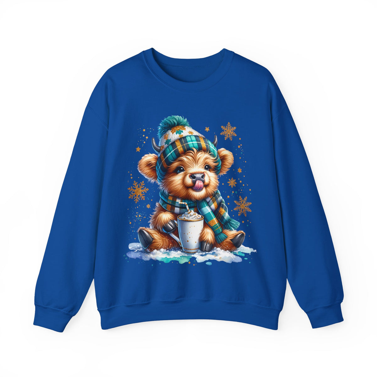 Winter Baby Highland Cow with Cocoa – Gildan Heavy Blend | Trendy Women’s Soft Sweatshirt. Direct to Garment. Printed & Shipped in the USA. Unisex Sizes.