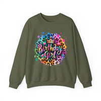 Birthday Girl, Neon Leopard – Gildan Heavy Blend | Trendy Women’s Soft Sweatshirt. Direct to Garment. Printed & Shipped in the USA. Unisex Sizes.