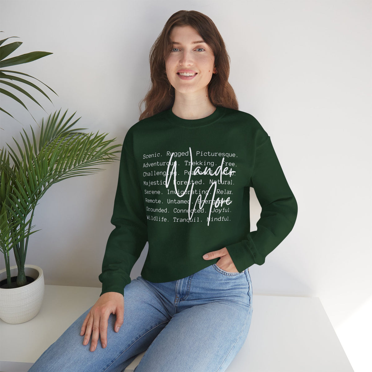Wander More, Scenic Adventure Typography – Gildan Heavy Blend | Trendy Men's and Women’s Soft Sweatshirt. Direct to Garment. Printed & Shipped in the USA. Unisex Sizes.