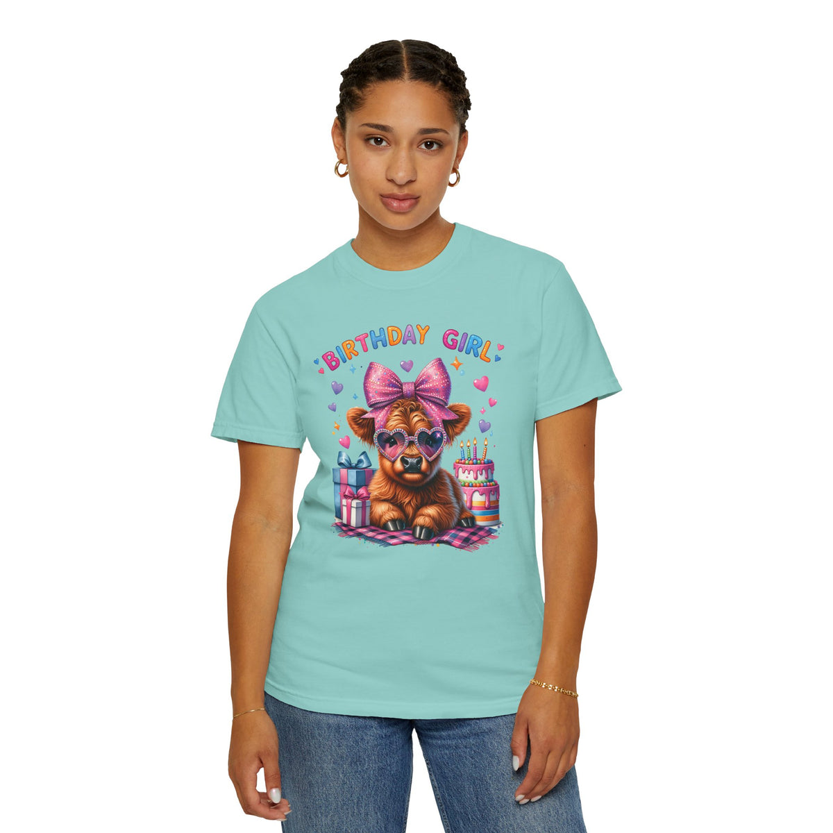 Birthday Girl, Highland Cow - Comfort Colors | Trendy Women's T-Shirt. Direct to Garment. Printed & Shipped in the USA. Unisex Sizes.