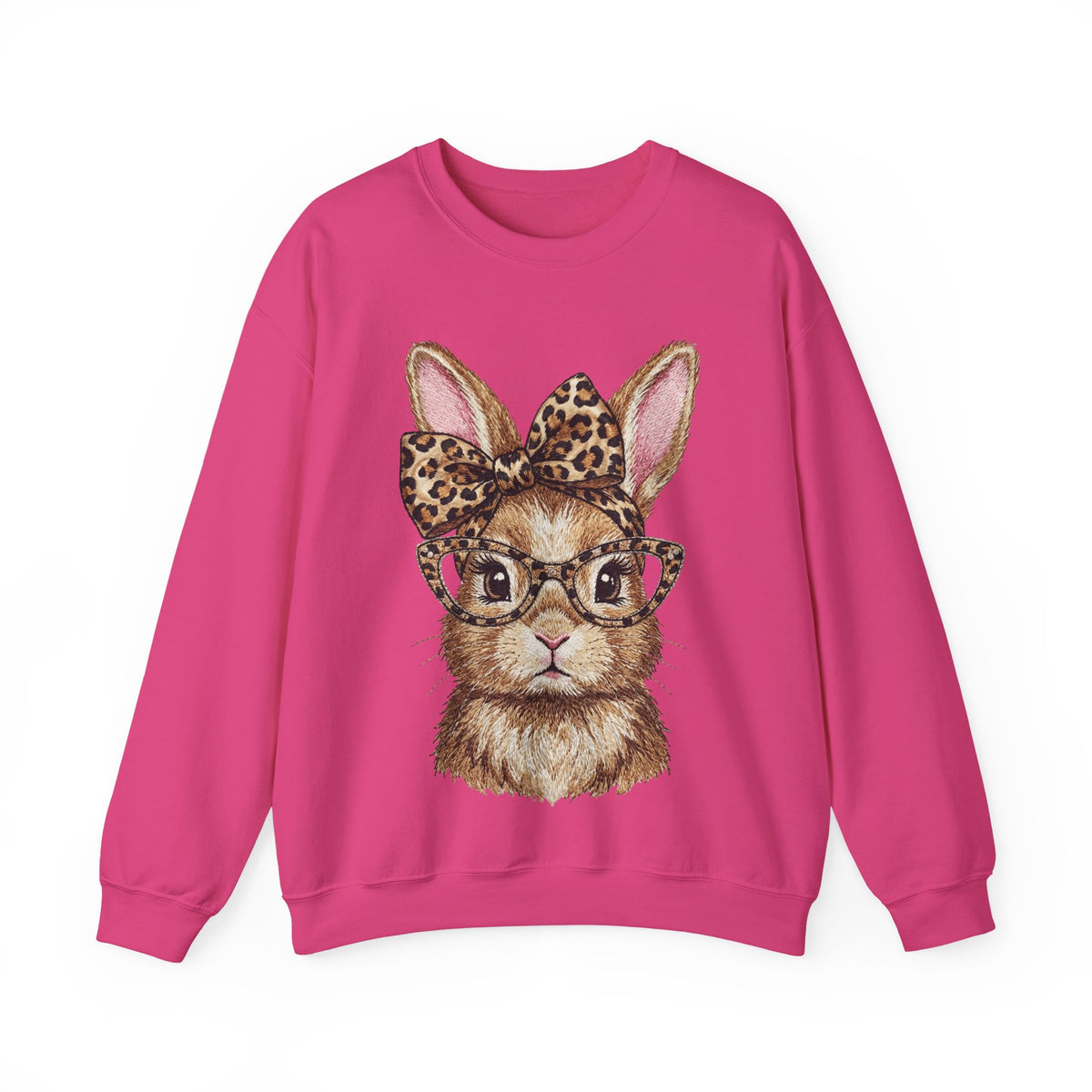 Bunny with Leopard Glasses and Bow – Gildan Heavy Blend | Trendy Women’s Soft Sweatshirt. Direct to Garment. Printed & Shipped in the USA. Unisex Sizes.