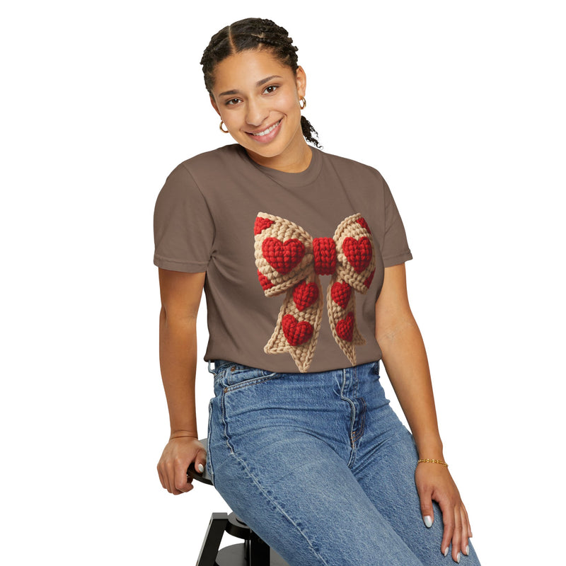 Faux Crochet Valentine Bow - Comfort Colors | Trendy Women's T-Shirt. Direct to Garment. Printed & Shipped in the USA. Unisex Sizes.