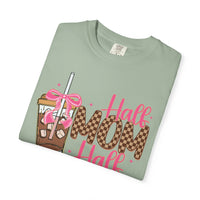 Half Mom Half Coffee. Cute Leopard Print Coffee Design - Comfort Colors | Trendy Women's T-Shirt. Direct to Garment. Printed & Shipped in the USA. Unisex Sizes.