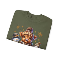 Cute Highland Cow with Snowmen, Winter – Gildan Heavy Blend | Trendy Women’s Soft Sweatshirt. Direct to Garment. Printed & Shipped in the USA. Unisex Sizes.