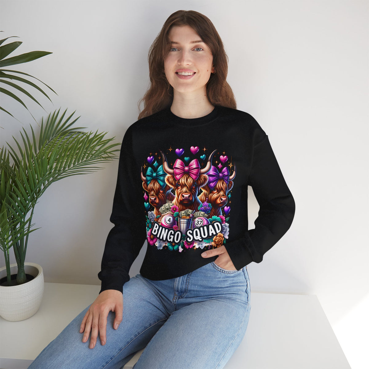 Cute Highland Cows Bingo Squad – Gildan Heavy Blend | Trendy Women’s Soft Sweatshirt. Direct to Garment. Printed & Shipped in the USA. Unisex Sizes.