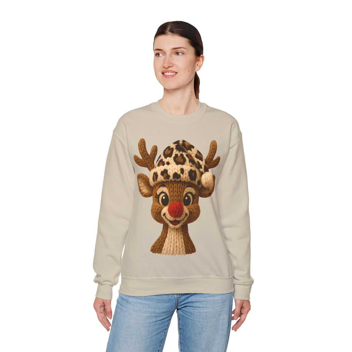 Rudolph Reindeer Leopard Santa Hat Christmas – Gildan Heavy Blend | Trendy Women’s Soft Sweatshirt. Direct to Garment. Printed & Shipped in the USA. Unisex Sizes.