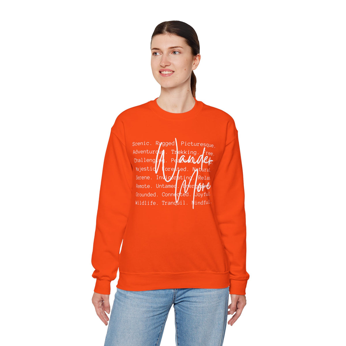 Wander More, Scenic Adventure Typography – Gildan Heavy Blend | Trendy Men's and Women’s Soft Sweatshirt. Direct to Garment. Printed & Shipped in the USA. Unisex Sizes.