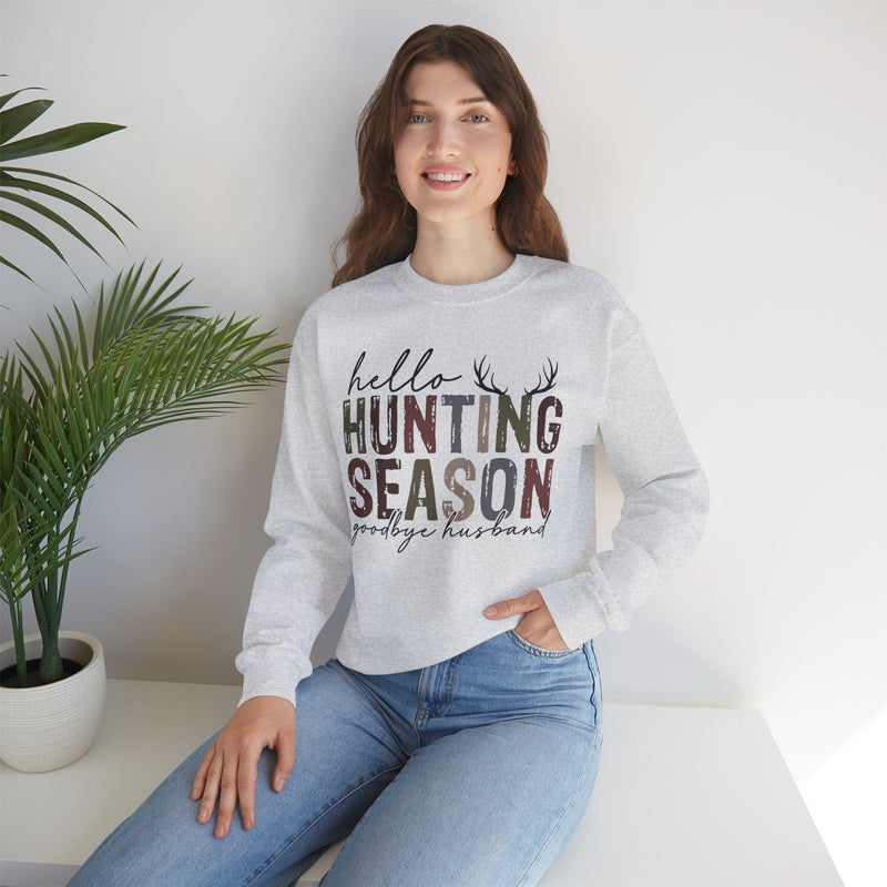 Hello Hunting Season Goodbye Husband Camouflage Wife – Gildan Heavy Blend | Trendy Women’s Soft Sweatshirt. Direct to Garment. Printed & Shipped in the USA. Unisex Sizes.