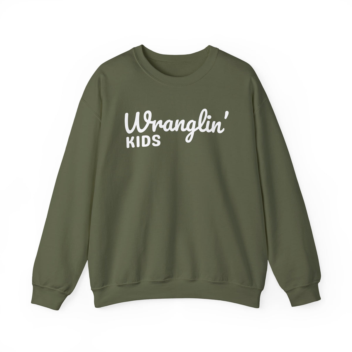 Wranglin' Kids Funny Mom Dad – Gildan Heavy Blend | Trendy Women’s and Men's Soft Sweatshirt. Direct to Garment. Printed & Shipped in the USA. Unisex Sizes.