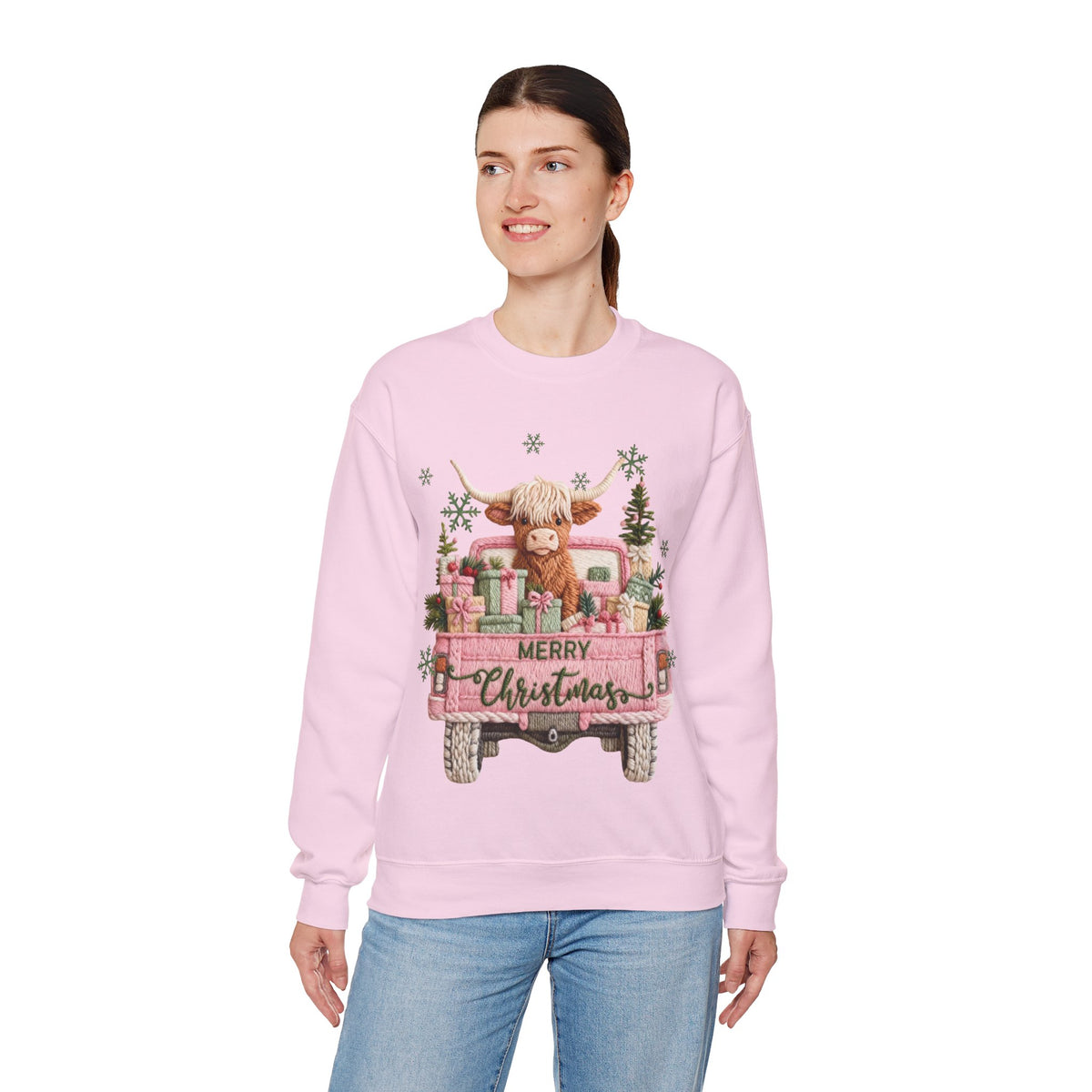 Highland Cow in Pink Truck Merry Christmas Holiday Farmhouse – Gildan Heavy Blend | Trendy Women’s Soft Sweatshirt. Direct to Garment. Printed & Shipped in the USA. Unisex Sizes.