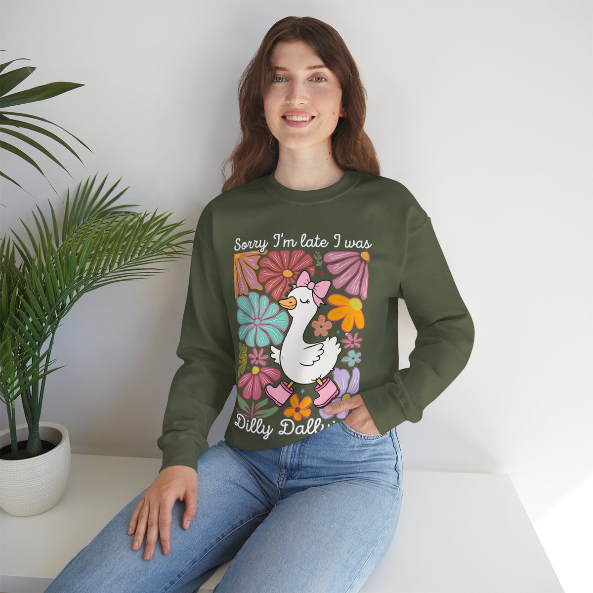 Sorry I'm Late I Was Dilly Dallying Cute Floral Duck – Gildan Heavy Blend | Trendy Women’s Soft Sweatshirt. Direct to Garment. Printed & Shipped in the USA. Unisex Sizes.