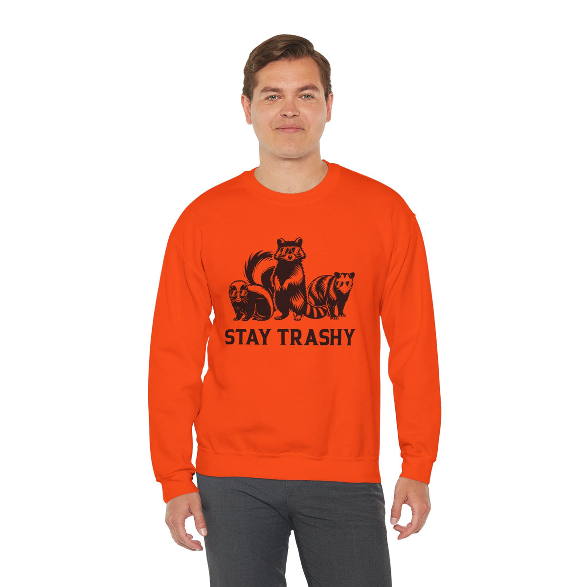 Stay Trashy, Skunk Raccoon Possum – Gildan Heavy Blend | Trendy Women’s and Men's Soft Sweatshirt. Direct to Garment. Printed & Shipped in the USA. Unisex Sizes.