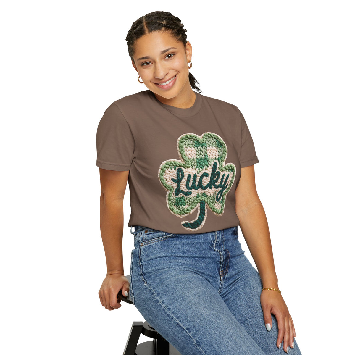 Lucky Shamrock Faux Knit - Comfort Colors | Trendy Men's and Women's T-Shirt. Direct to Garment. Printed & Shipped in the USA. Unisex Sizes.