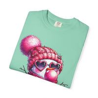 Pink Girly Snowman with Heart Sunglasses and Bubblegum Winter - Comfort Colors | Trendy Women's T-Shirt. Direct to Garment. Printed & Shipped in the USA. Unisex Sizes.