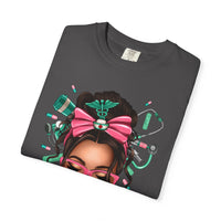 Nurse Life Messy Bun, Cute Stethoscope & Syringe - Comfort Colors | Trendy Women's T-Shirt. Direct to Garment. Printed & Shipped in the USA. Unisex Sizes.