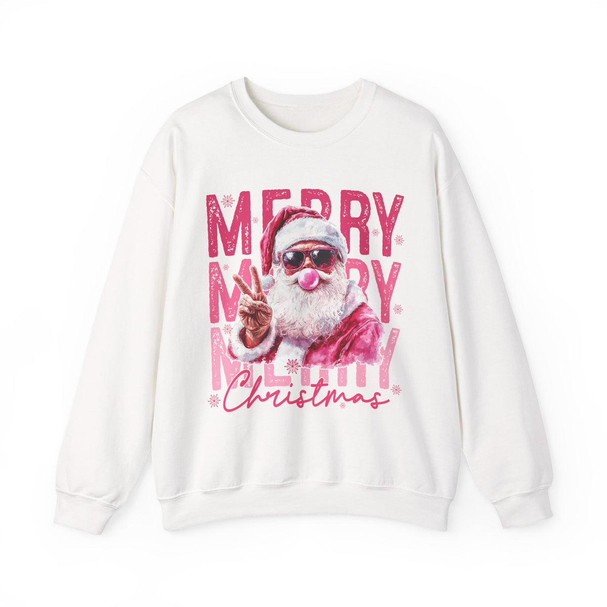 Pink Merry Christmas Bubblegum Santa – Gildan Heavy Blend | Trendy Women’s Soft Sweatshirt. Direct to Garment. Printed & Shipped in the USA. Unisex Sizes.