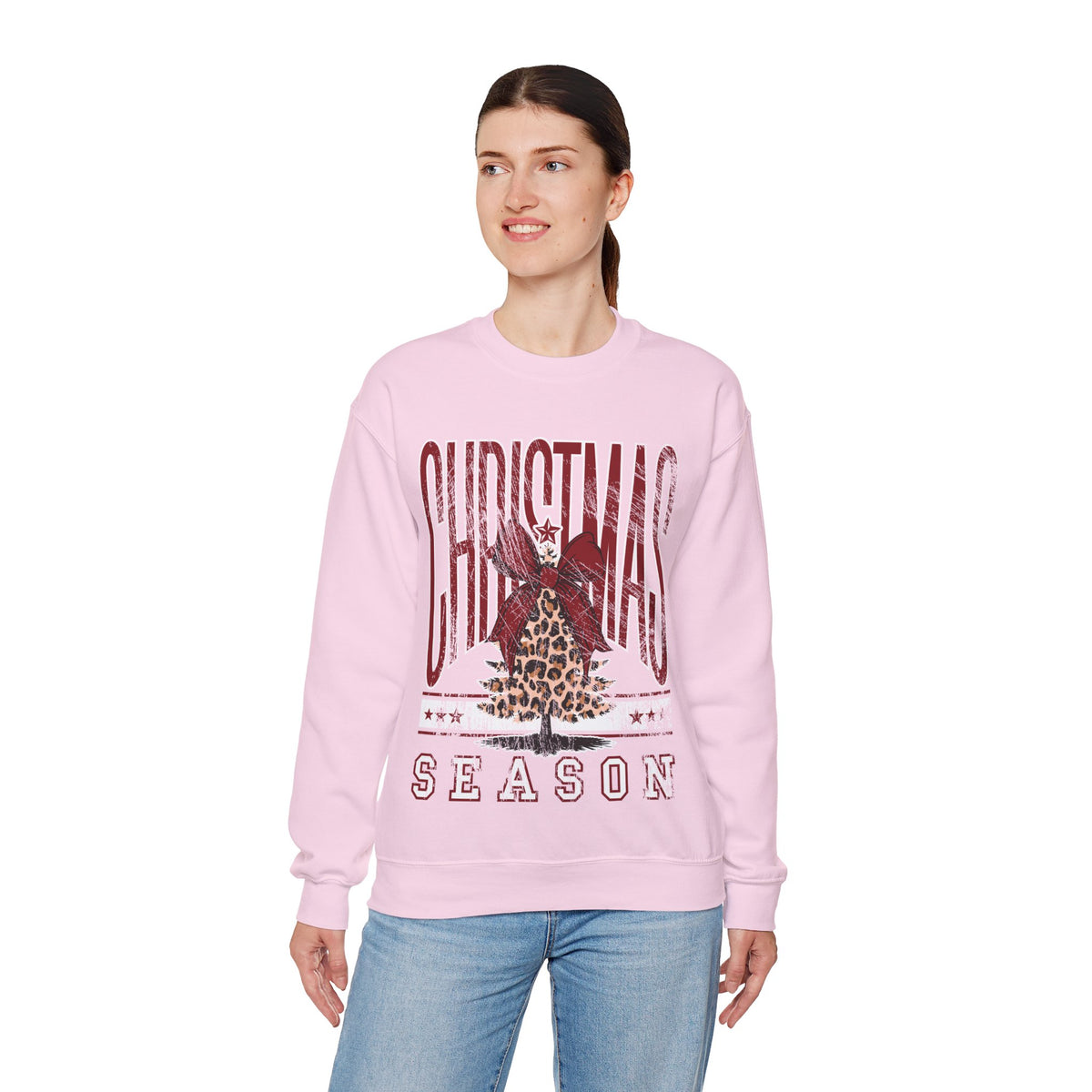 Christmas Season Leopard Tree Distressed – Gildan Heavy Blend | Trendy Women’s Soft Sweatshirt. Direct to Garment. Printed & Shipped in the USA. Unisex Sizes.